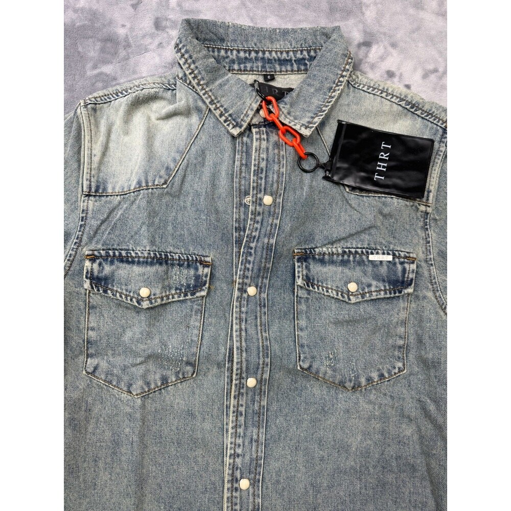 THRT Button Up Strauss Denim Jacket Size Small Distressed Pearl Buttoned  NWOT